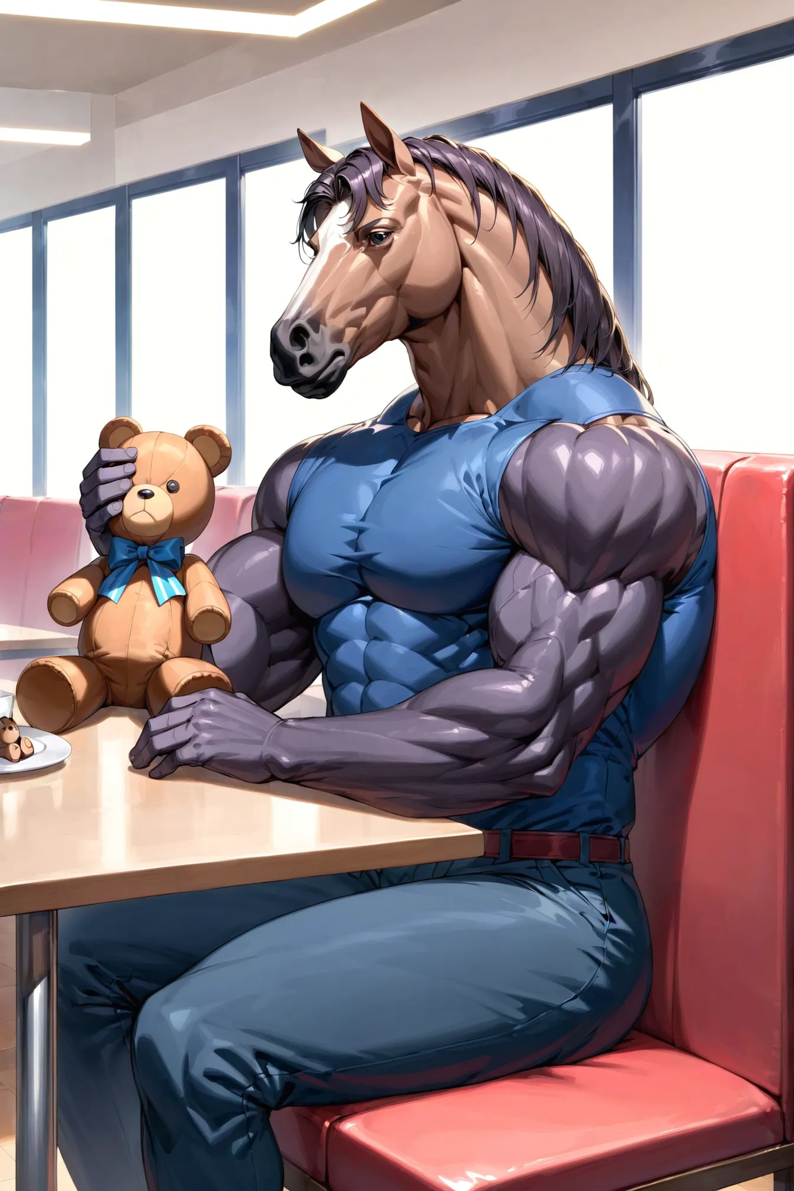 horse, muscular, sitting, holding teddy bear, expressionless, no humans, restaurant